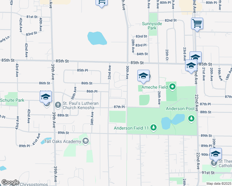 map of restaurants, bars, coffee shops, grocery stores, and more near 8603 32nd Avenue in Kenosha