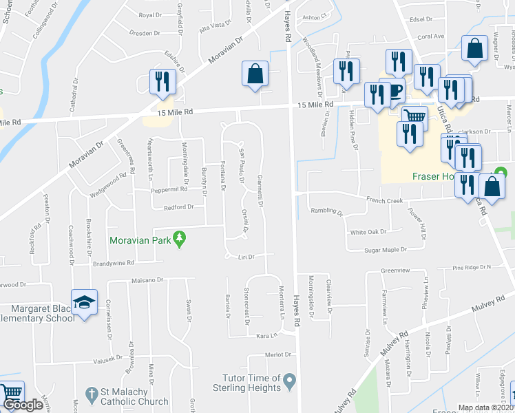 map of restaurants, bars, coffee shops, grocery stores, and more near 34527 Giannetti Drive in Sterling Heights
