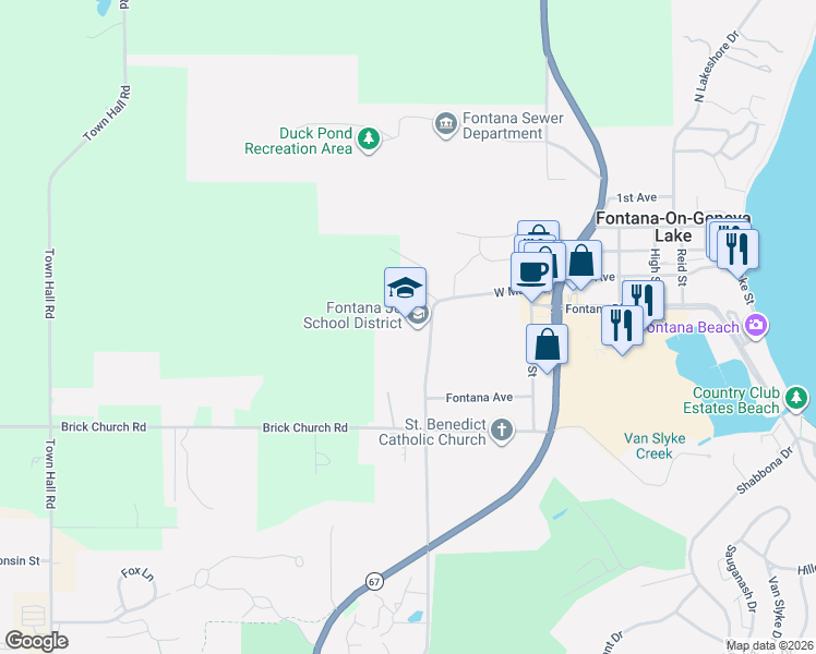 map of restaurants, bars, coffee shops, grocery stores, and more near 450 South Main Street in Fontana-on-Geneva Lake
