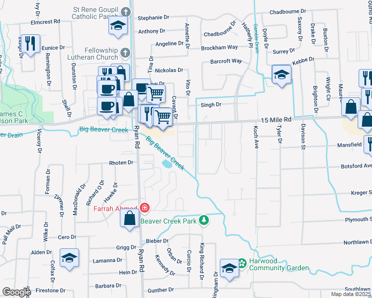 map of restaurants, bars, coffee shops, grocery stores, and more near 4378 Country Club Estates in Sterling Heights