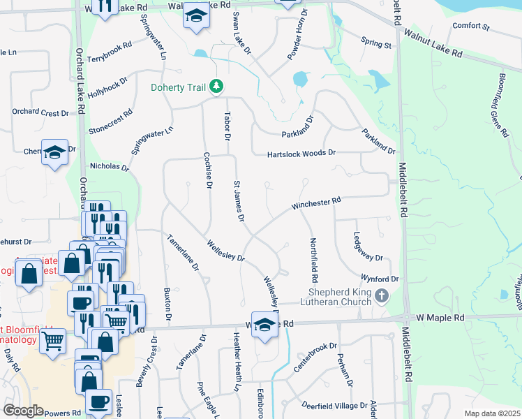 map of restaurants, bars, coffee shops, grocery stores, and more near 6044 Brook Lane in West Bloomfield Township