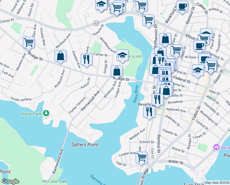map of restaurants, bars, coffee shops, grocery stores, and more near 11 1/2 Winthrop Avenue in Beverly