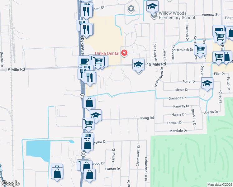 map of restaurants, bars, coffee shops, grocery stores, and more near 34720 Maplegrove Drive in Sterling Heights