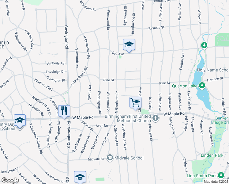 map of restaurants, bars, coffee shops, grocery stores, and more near 400 Westwood Drive in Bloomfield Hills