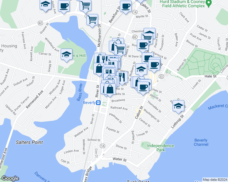 map of restaurants, bars, coffee shops, grocery stores, and more near 220 Rantoul Street in Beverly