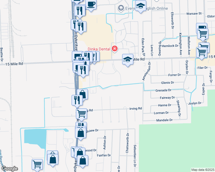 map of restaurants, bars, coffee shops, grocery stores, and more near 34720 Maplegrove Drive in Sterling Heights