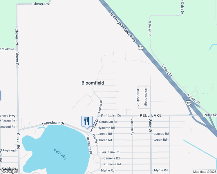 map of restaurants, bars, coffee shops, grocery stores, and more near W1012 Narcissus Road in Genoa City