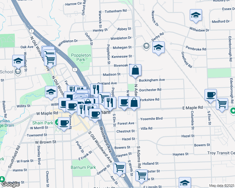 map of restaurants, bars, coffee shops, grocery stores, and more near 860 Ridgedale Avenue in Birmingham
