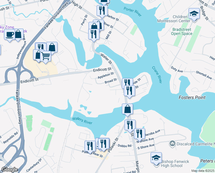 map of restaurants, bars, coffee shops, grocery stores, and more near 11 Rainbow Terrace in Danvers