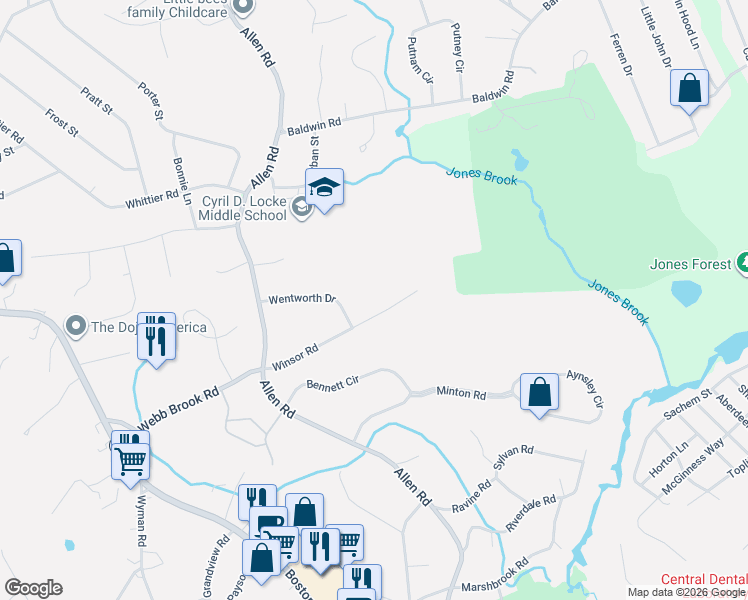 map of restaurants, bars, coffee shops, grocery stores, and more near 22 Winsor Road in Billerica