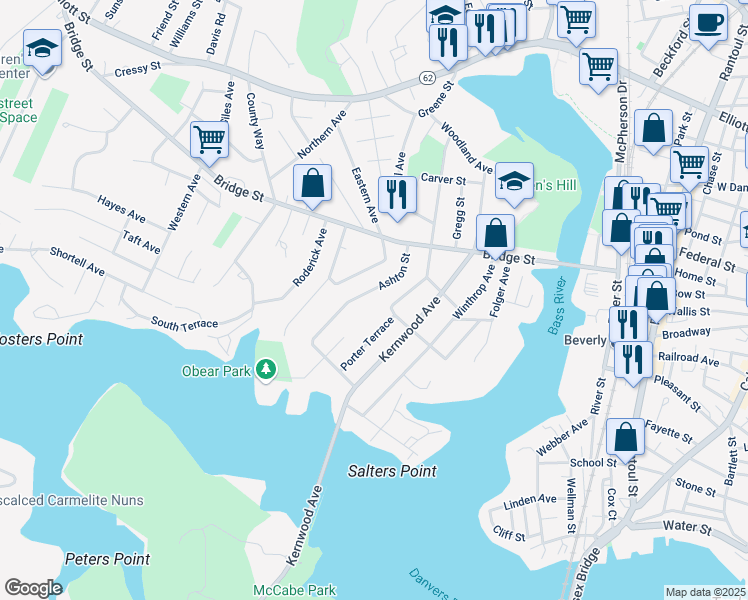 map of restaurants, bars, coffee shops, grocery stores, and more near 23 Ashton Street in Beverly