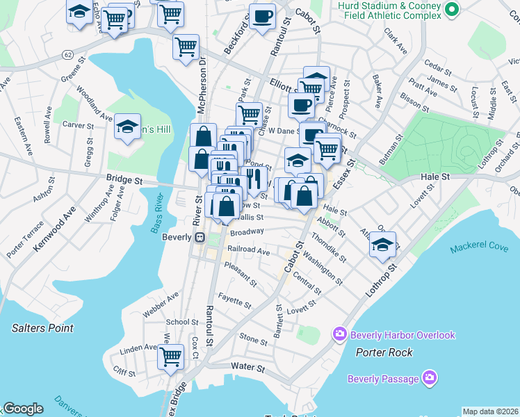 map of restaurants, bars, coffee shops, grocery stores, and more near 41 Bow Street in Beverly