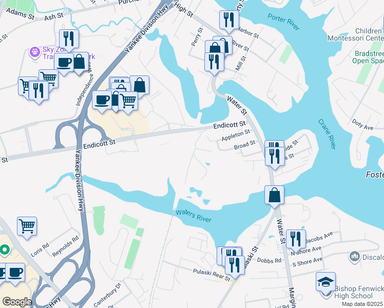 map of restaurants, bars, coffee shops, grocery stores, and more near 18 Broad Street in Danvers