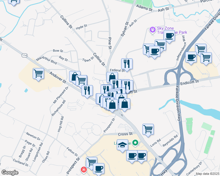 map of restaurants, bars, coffee shops, grocery stores, and more near 149 Sylvan Street in Danvers