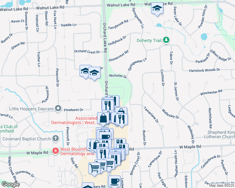 map of restaurants, bars, coffee shops, grocery stores, and more near 6109 Orchard Lake Road in West Bloomfield Township