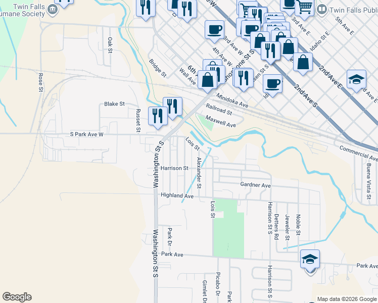 map of restaurants, bars, coffee shops, grocery stores, and more near 119 Sidney Street in Twin Falls