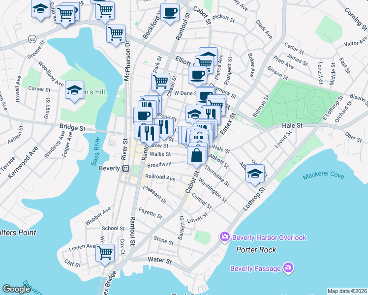 map of restaurants, bars, coffee shops, grocery stores, and more near 6 Home Street in Beverly