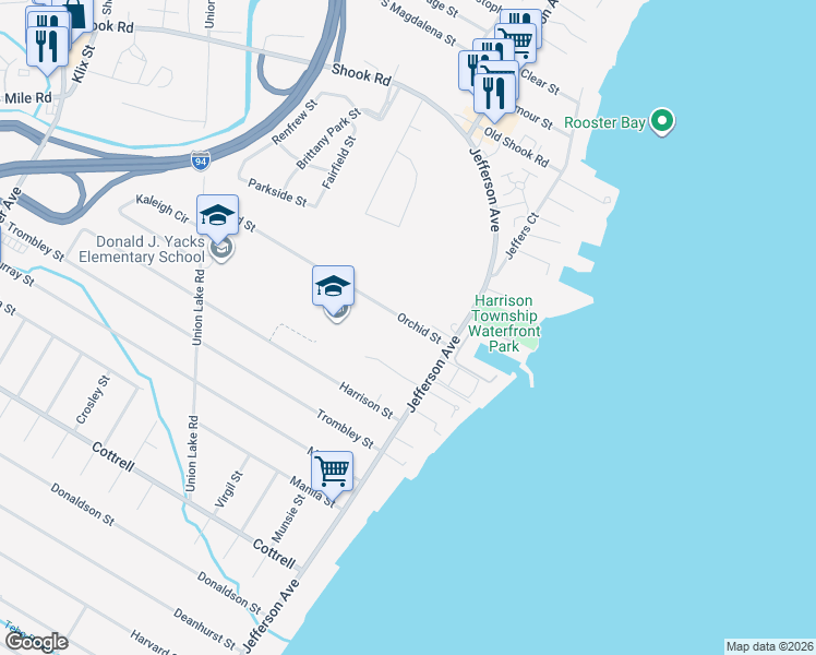 map of restaurants, bars, coffee shops, grocery stores, and more near 25074 Orchid Street in Harrison Township