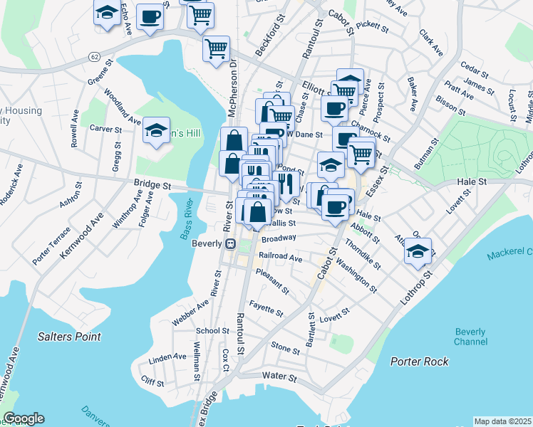 map of restaurants, bars, coffee shops, grocery stores, and more near 211 Rantoul Street in Beverly