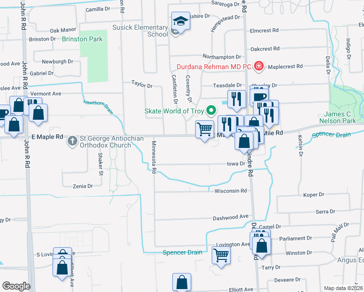 map of restaurants, bars, coffee shops, grocery stores, and more near 2720 East Maple Road in Troy