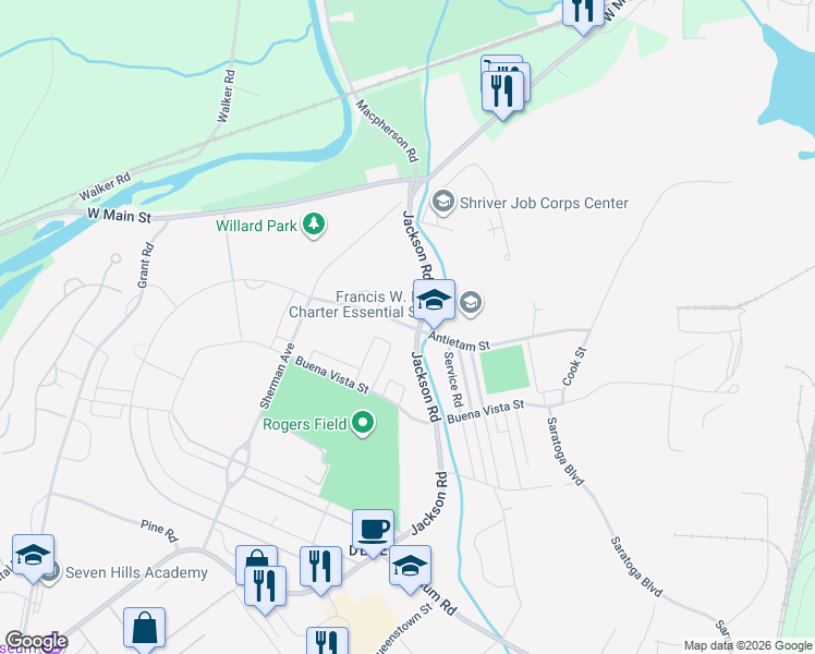 map of restaurants, bars, coffee shops, grocery stores, and more near Antietam Street in Devens