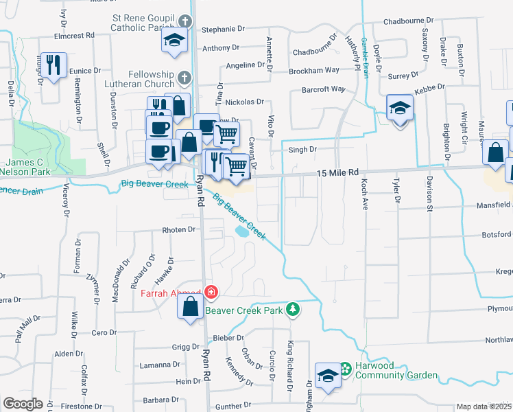 map of restaurants, bars, coffee shops, grocery stores, and more near Country Club Estates in Sterling Heights