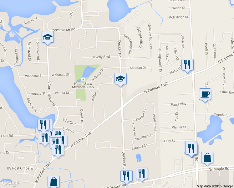 map of restaurants, bars, coffee shops, grocery stores, and more near 1655 Decker Road in Walled Lake