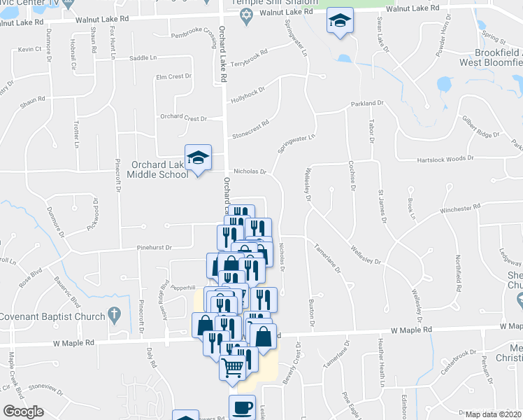 map of restaurants, bars, coffee shops, grocery stores, and more near 6109 Orchard Lake Road in West Bloomfield Township