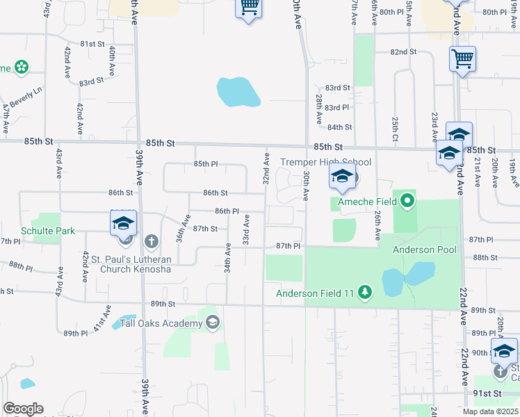 map of restaurants, bars, coffee shops, grocery stores, and more near 3215 86th Street in Kenosha