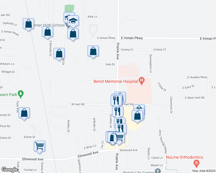 map of restaurants, bars, coffee shops, grocery stores, and more near 1850 Huebbe Parkway in Beloit