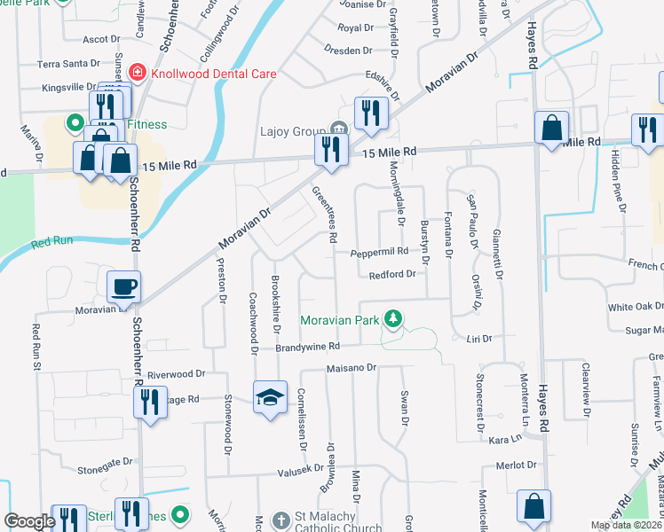 map of restaurants, bars, coffee shops, grocery stores, and more near 34347 Peppermil Court in Sterling Heights