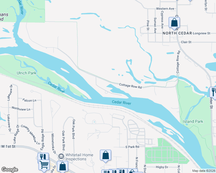 map of restaurants, bars, coffee shops, grocery stores, and more near 1712 Cottage Row Road in Cedar Falls