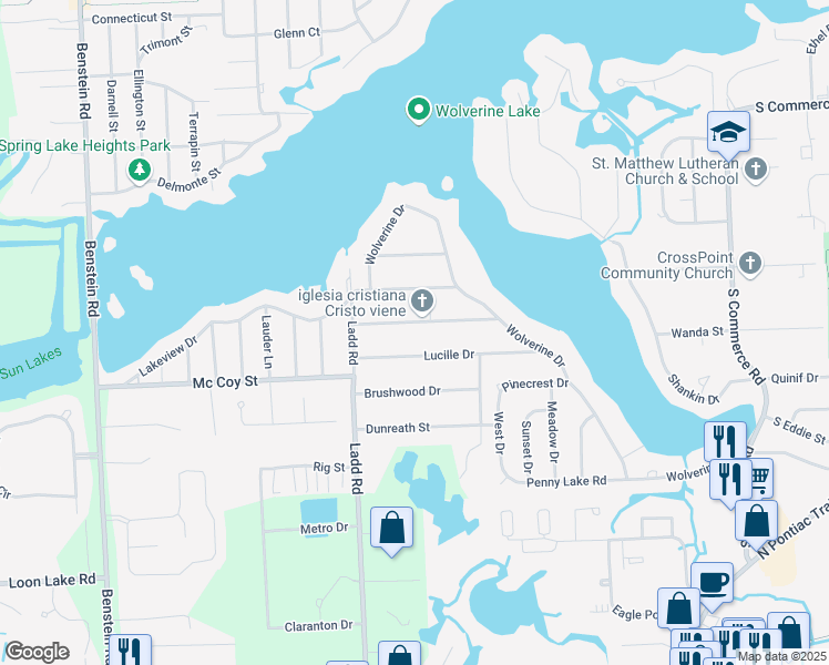 map of restaurants, bars, coffee shops, grocery stores, and more near 901 Amenia Street in Walled Lake