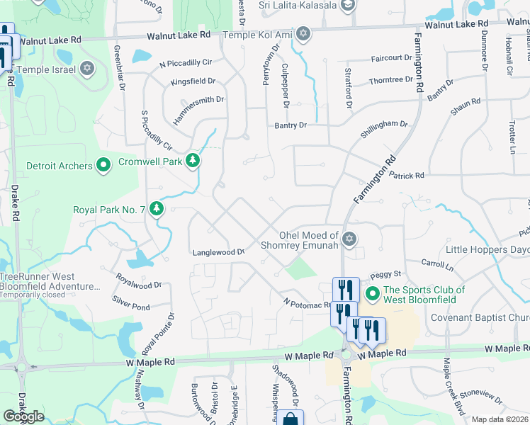 map of restaurants, bars, coffee shops, grocery stores, and more near 5144 Langlewood Court in West Bloomfield Township