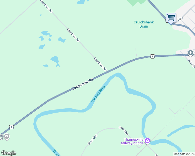 map of restaurants, bars, coffee shops, grocery stores, and more near 13074 Longwoods Road in Thamesville