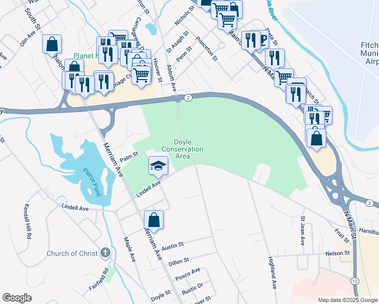 map of restaurants, bars, coffee shops, grocery stores, and more near 464 Abbott Avenue in Leominster
