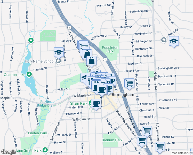 map of restaurants, bars, coffee shops, grocery stores, and more near 347 Ferndale Avenue in Birmingham