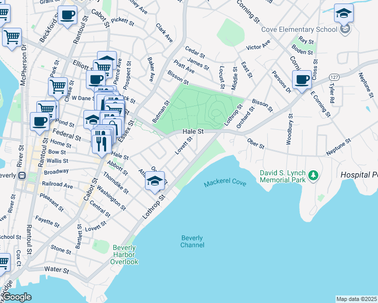 map of restaurants, bars, coffee shops, grocery stores, and more near 66 Dane Street in Beverly