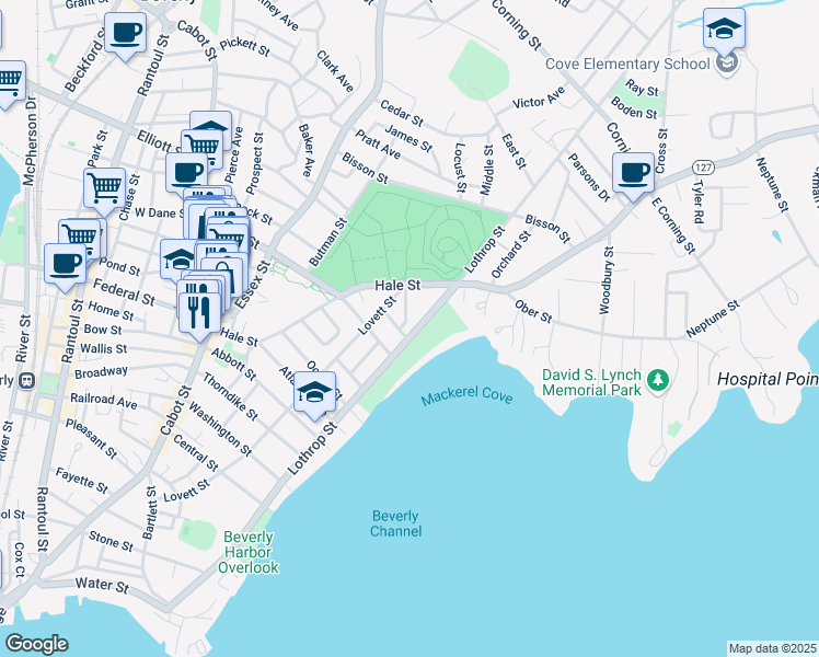 map of restaurants, bars, coffee shops, grocery stores, and more near 12 Willow Street in Beverly