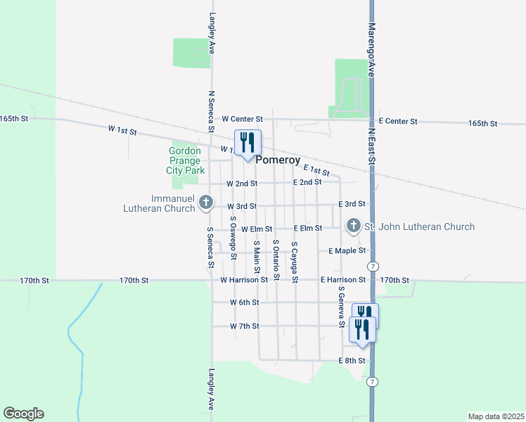 map of restaurants, bars, coffee shops, grocery stores, and more near 105 W 3rd St in Pomeroy