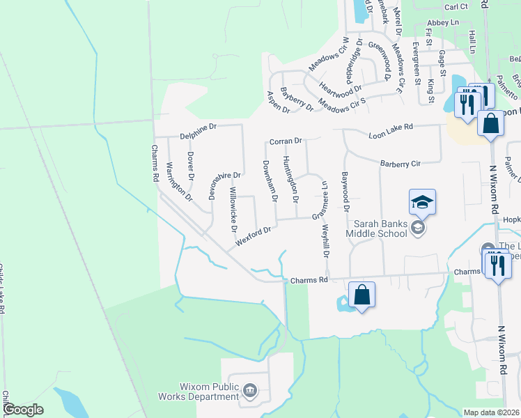 map of restaurants, bars, coffee shops, grocery stores, and more near 1875 Downham Drive in Wixom