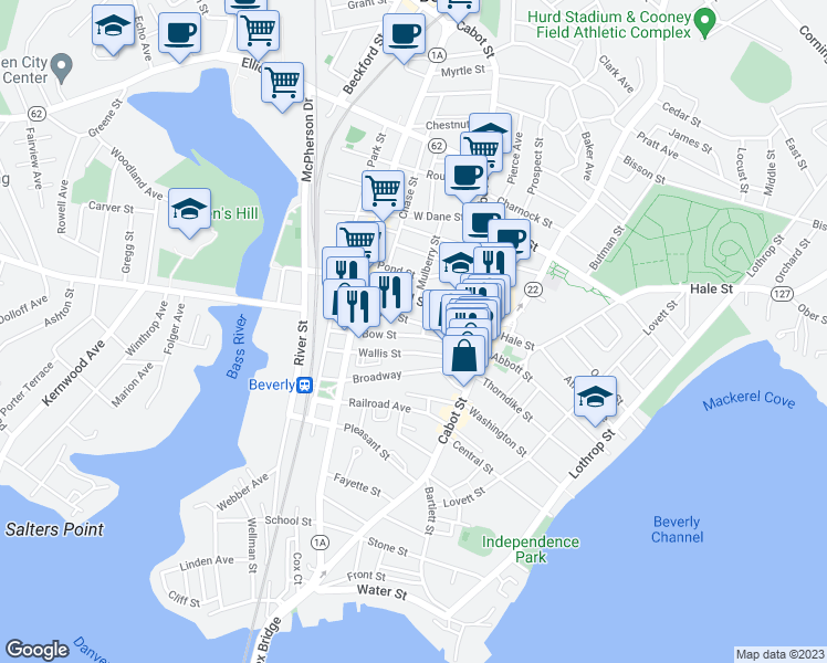 map of restaurants, bars, coffee shops, grocery stores, and more near 29 Bow Street in Beverly