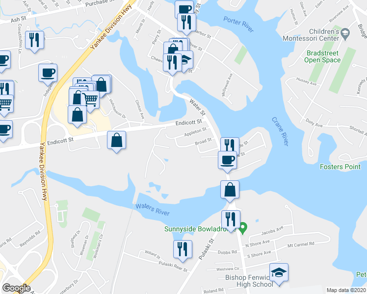 map of restaurants, bars, coffee shops, grocery stores, and more near 19 Broad Street in Danvers