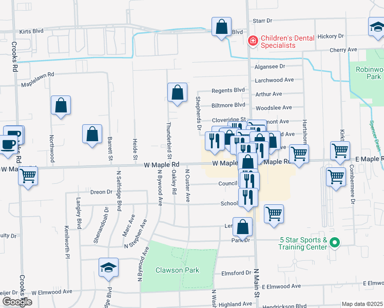 map of restaurants, bars, coffee shops, grocery stores, and more near 366 West Maple Road in Troy