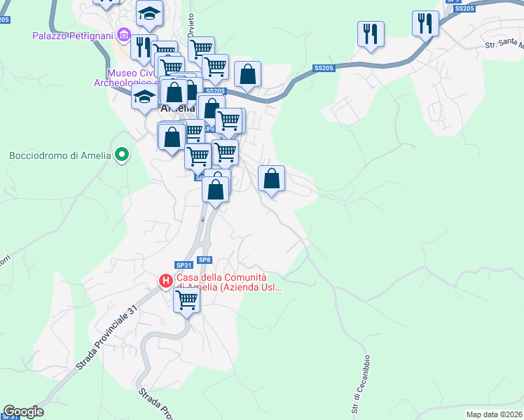 map of restaurants, bars, coffee shops, grocery stores, and more near 28 Strada di Cecanibbio in Amelia
