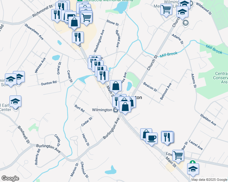 map of restaurants, bars, coffee shops, grocery stores, and more near 370 Main Street in Wilmington