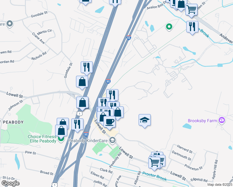 map of restaurants, bars, coffee shops, grocery stores, and more near 36 Bourbon Street in Peabody