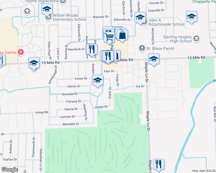 map of restaurants, bars, coffee shops, grocery stores, and more near 34665 Esper Drive in Sterling Heights