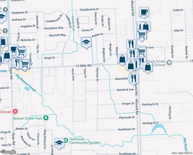 map of restaurants, bars, coffee shops, grocery stores, and more near 5265 Mansfield Avenue in Sterling Heights