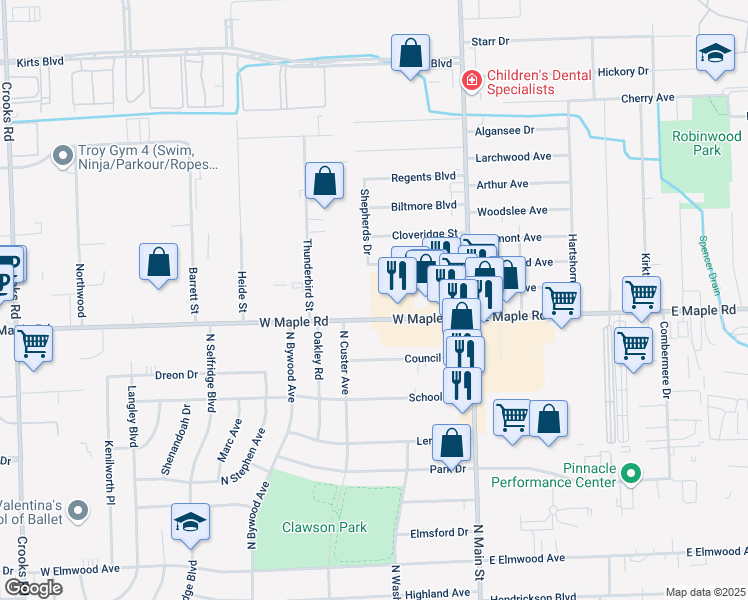 map of restaurants, bars, coffee shops, grocery stores, and more near 244 West Maple Road in Troy